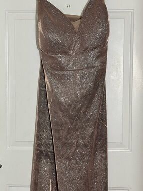MORGAN & CO Rose Gold Metallic Shimmer High Slit Formal Gown Dress Size 20W
